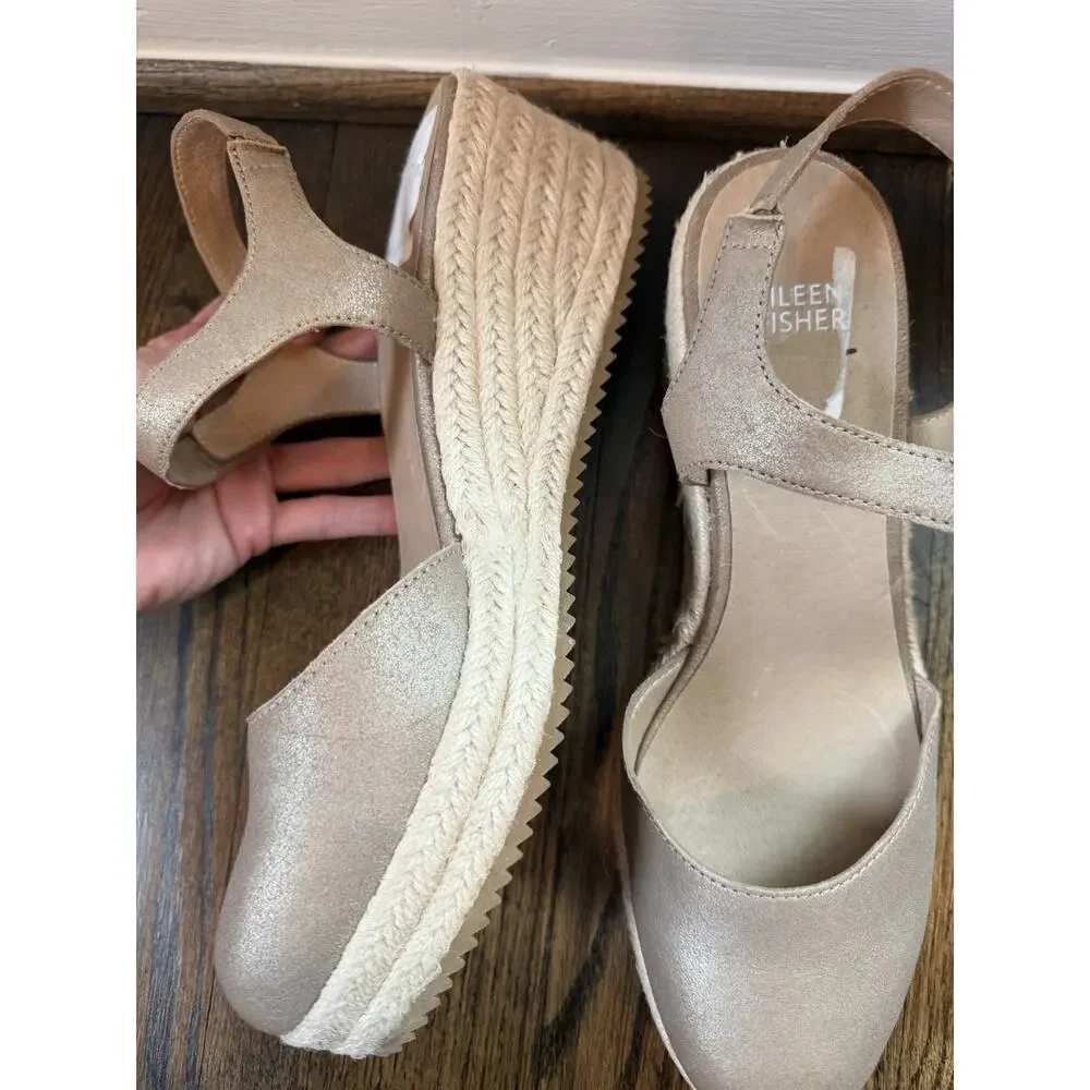 Eileen Fisher Nessa Espadrille Wedge Suede Leather Sandals Tan Beige Size 10 NEW